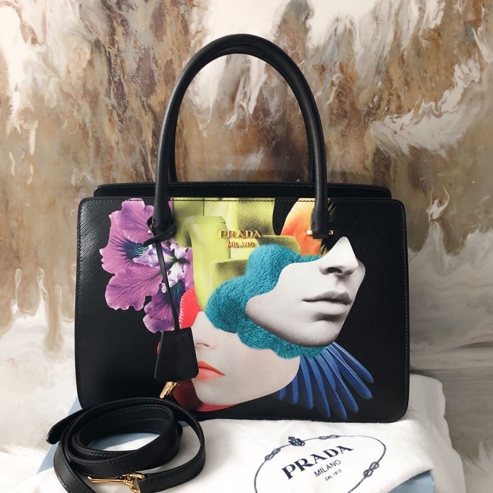 Rare Prada Black Graphic Face Print Tote Bag